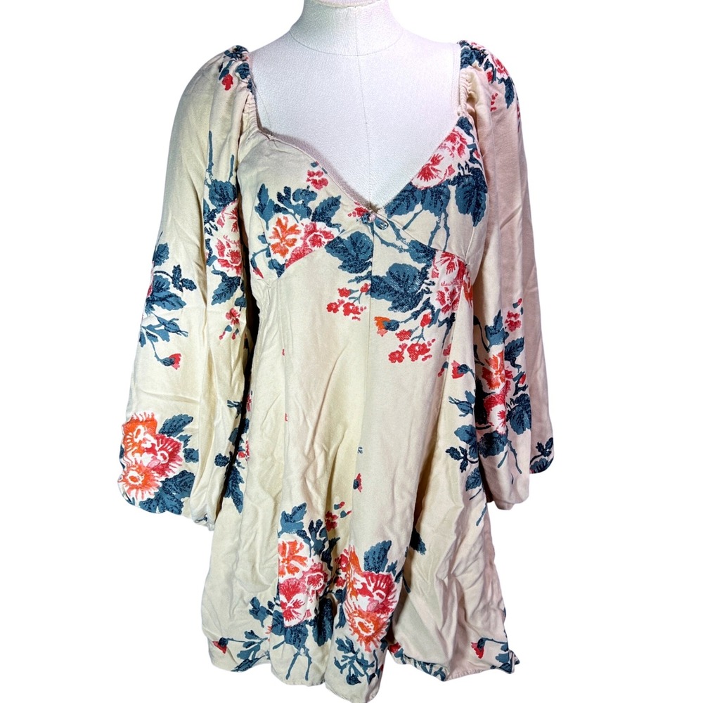 Free People Floral Print Puff Sleeve Mini Dress Beige Blue Pink Size XL‎ - Picture 3 of 12